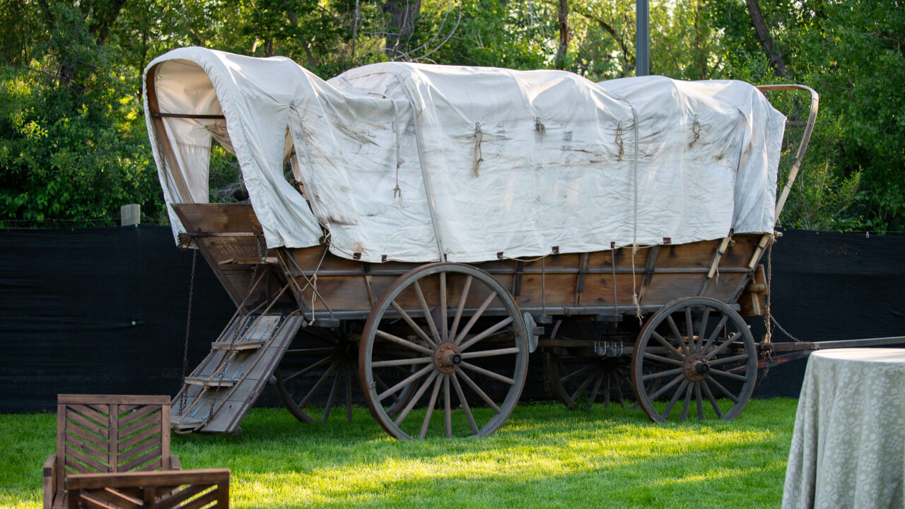 Covered wagon with white canvas, wooden wheels on grass