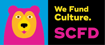 Colorful bear illustration, text reads: We Fund Culture. SCFD