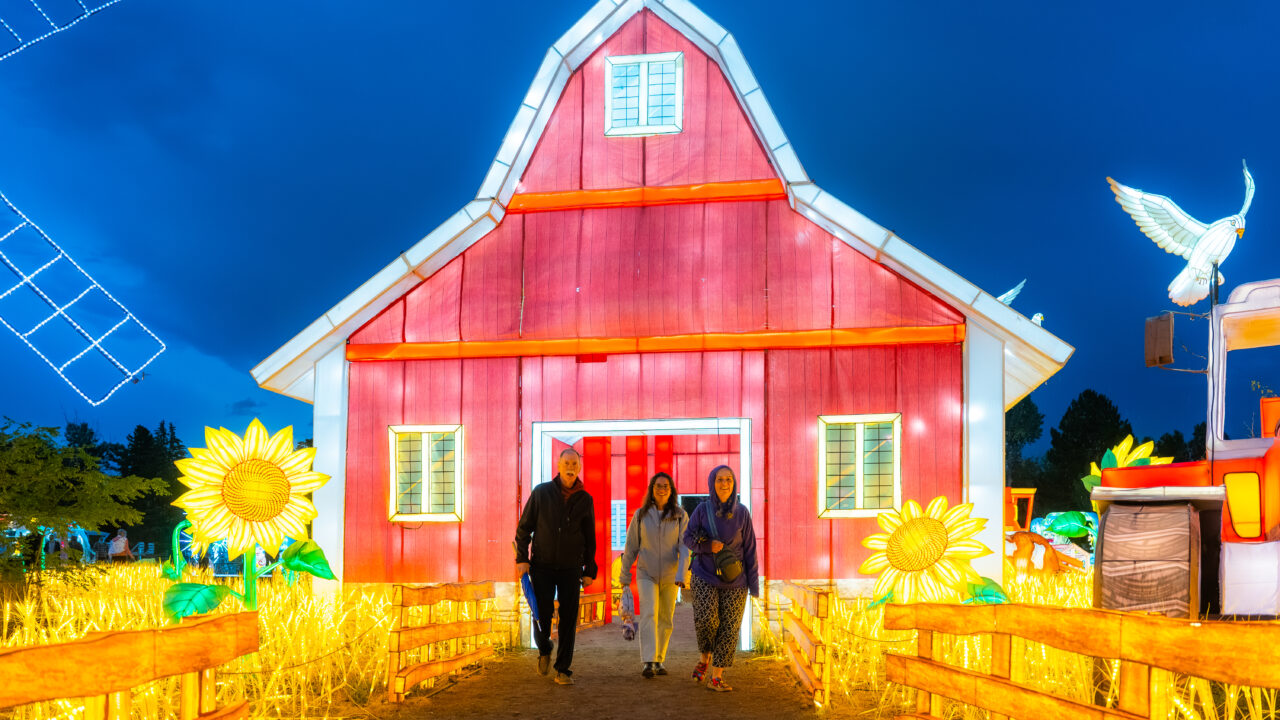 Three people walking in front of an illuminated red barn surrounded by sunflower decorations at night