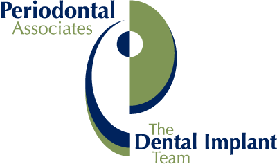 Periodontal Associates logo; green and blue abstract tooth design with text "The Dental Implant Team"
